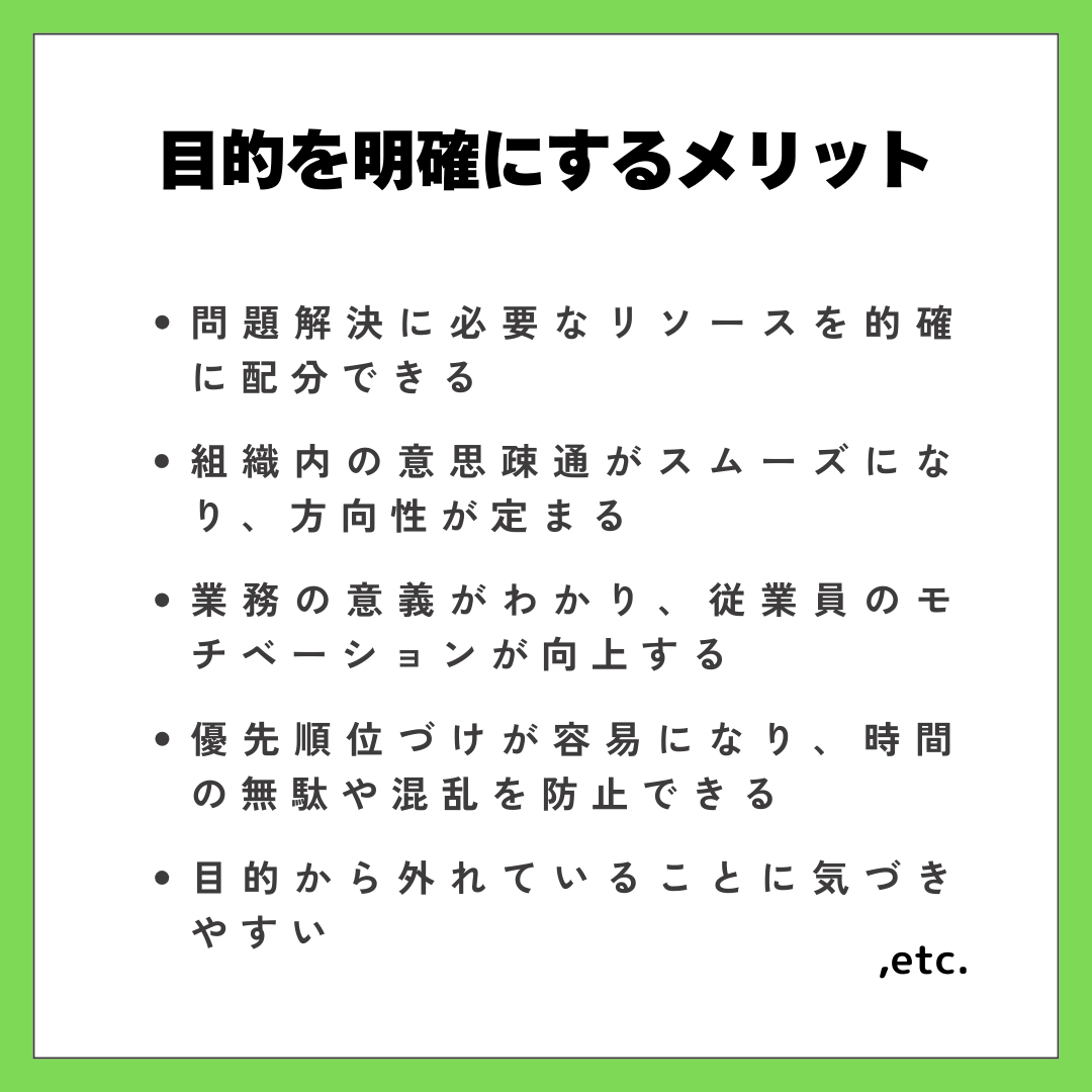 目的を明確にするメリット  問題解決に必要なリソースを的確に配分できる
組織内でブレのない意思疎通が可能になり、方向性が定まる
業務の意義がわかり、従業員のモチベーションが向上する
優先順位づけが容易になり、時間の無駄や混乱を防止できる
目的から外れていることが客観的に把握できる
,etc.