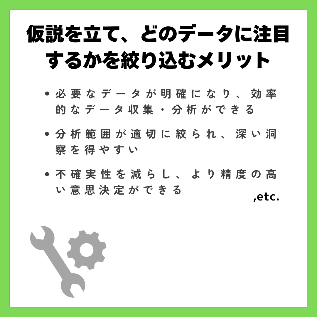 仮説を立て、どのデータに注目するかを絞り込むメリット  必要なデータが明確になり、効率的なデータ収集・分析ができる
分析範囲が適切に絞られ、深い洞察を得やすい
不確実性を減らし、より精度の高い意思決定ができる
プロジェクト初期段階での迷いや混乱を軽減できる
,etc.