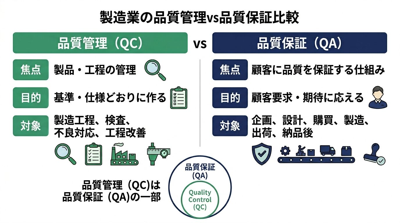 品質管理QCと品質保証QAの違いを役割と工程で比較した図