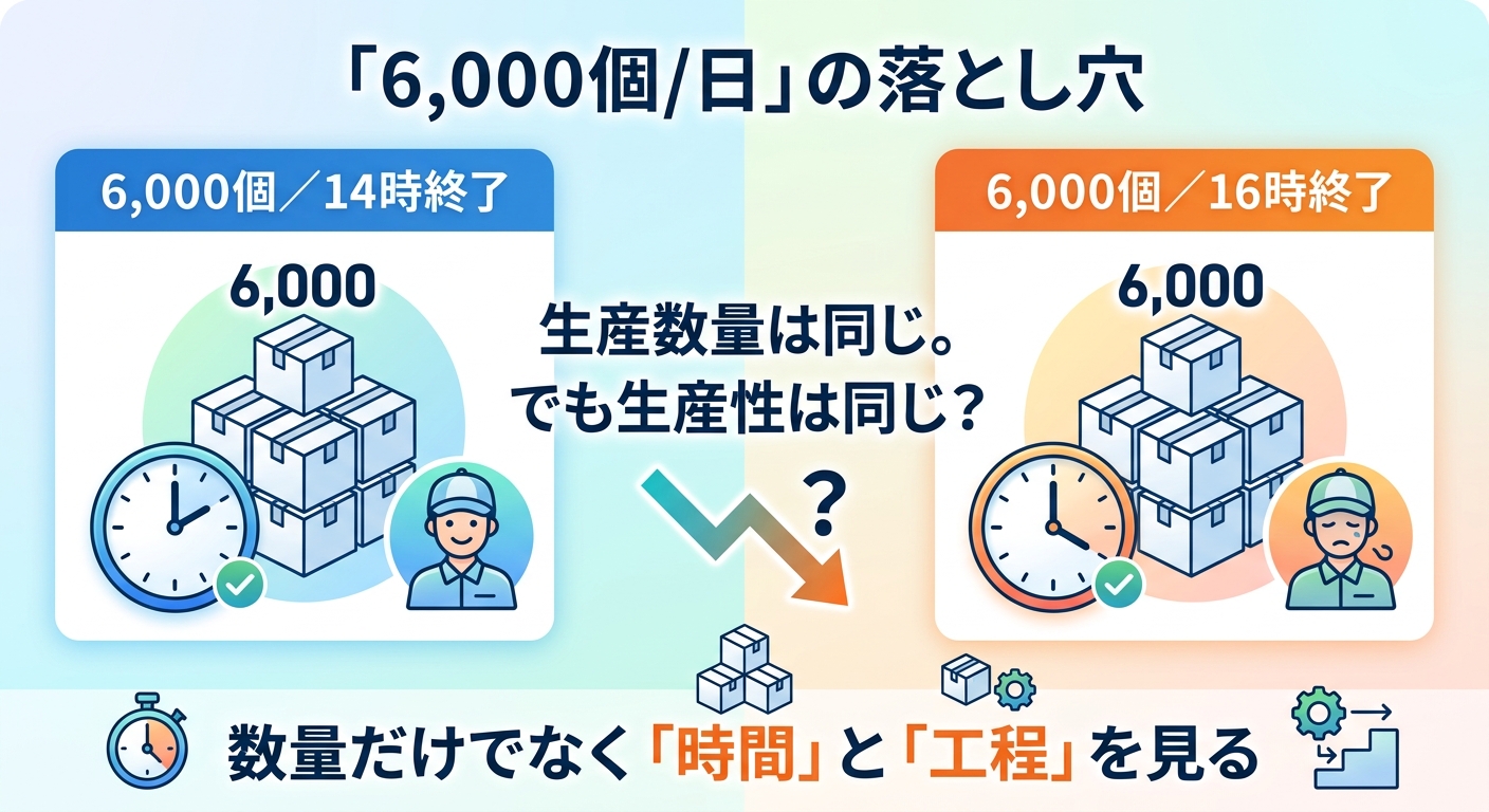同じ6000個の生産でも終了時間が違えば生産性が異なることを示す図