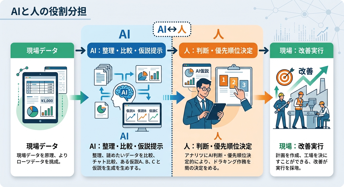 製造業でAIがデータを整理し人が判断して現場改善につなげる流れ